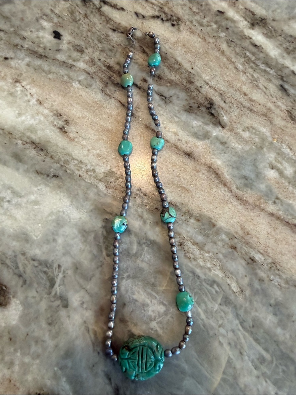 Turquoise Beaded Necklace with Carved Focal Bead - Women Jewelry